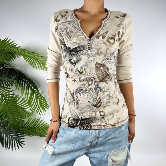 Vintage Y2K Beige Butterfly Graphic Print Indie Fairy Grunge Long Sleeve Top / S - Picture 4 of 6